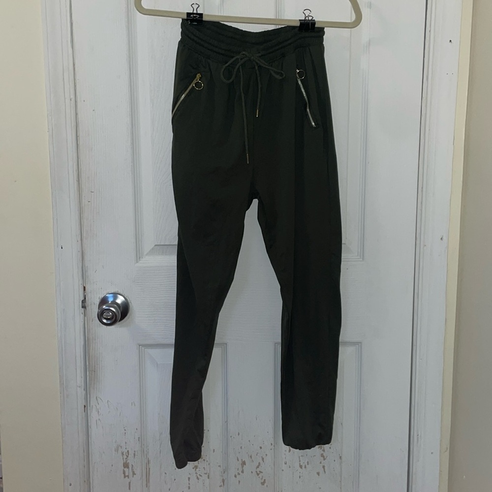 Dark Green Joggers with gold zippers